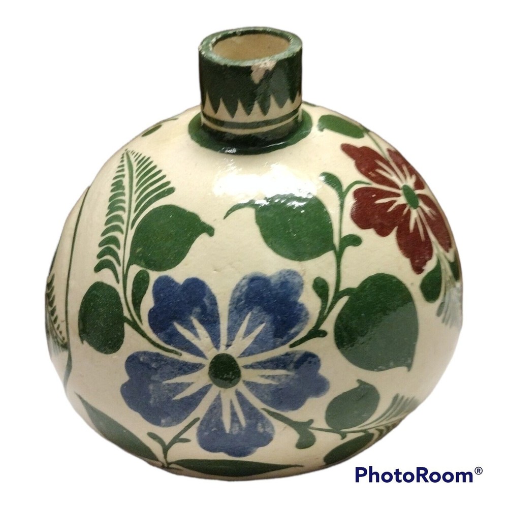 Hand Painted Oil Pitcher Floral Blue Green Made in Mexico Round-ish Shape